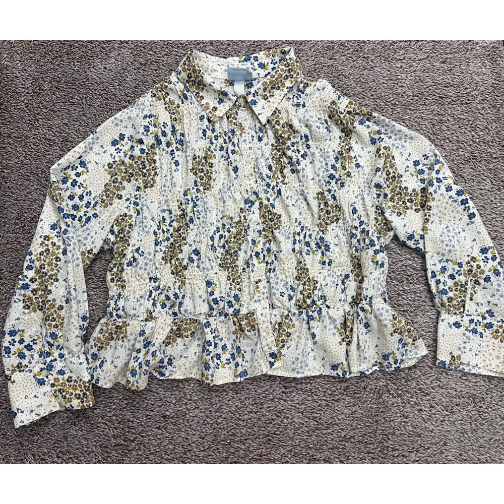 Future Collective Reese Blutstein Floral Smocked Peplum Blouse 1X Blue Cream
